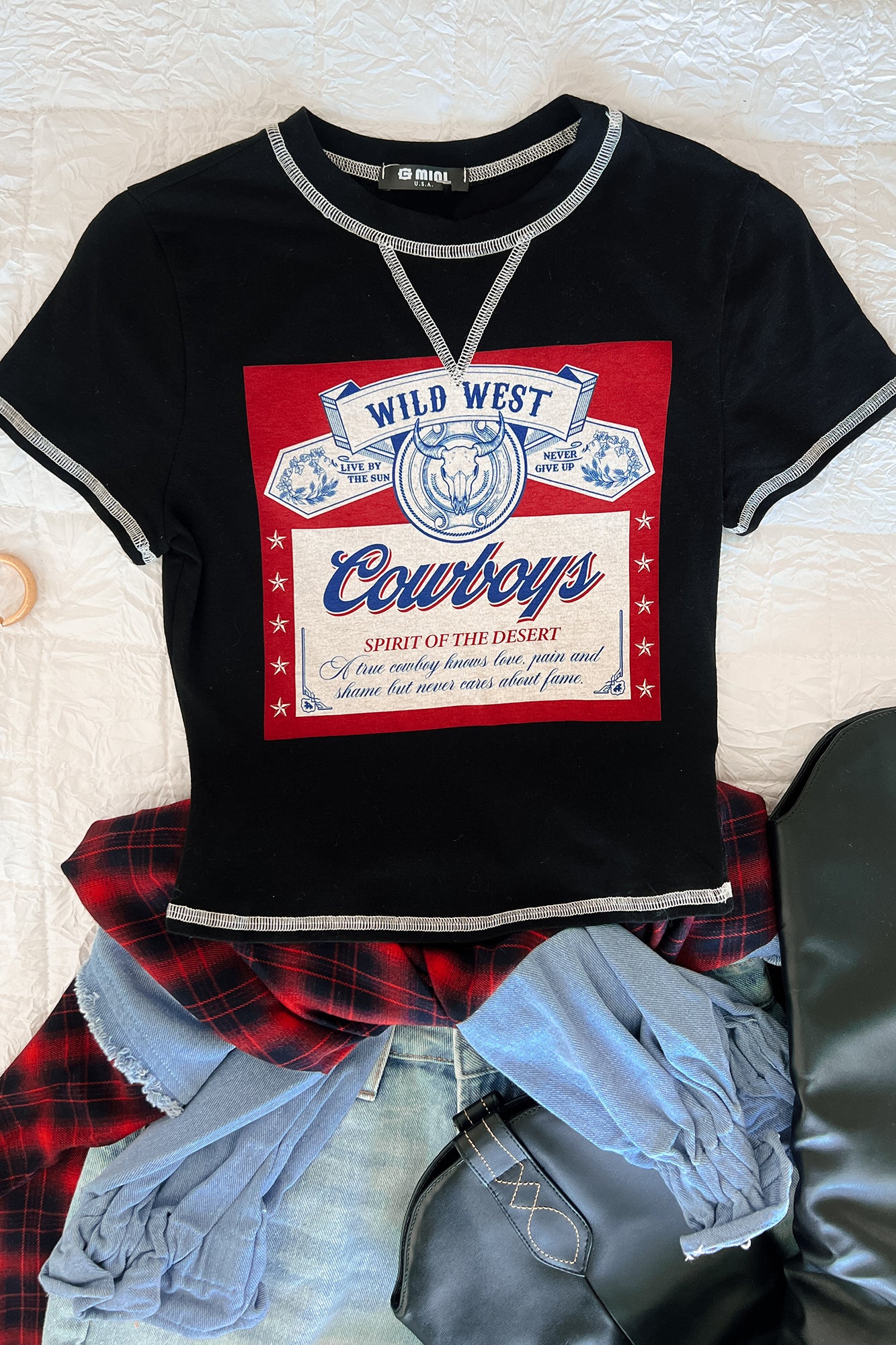 "Wild West Cowboys" Graphic Crop Tee (Black) - NanaMacs