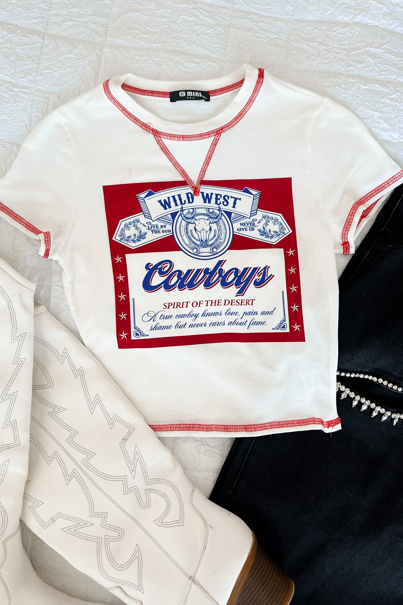 "Wild West Cowboys" Graphic Crop Tee (Ivory) - NanaMacs