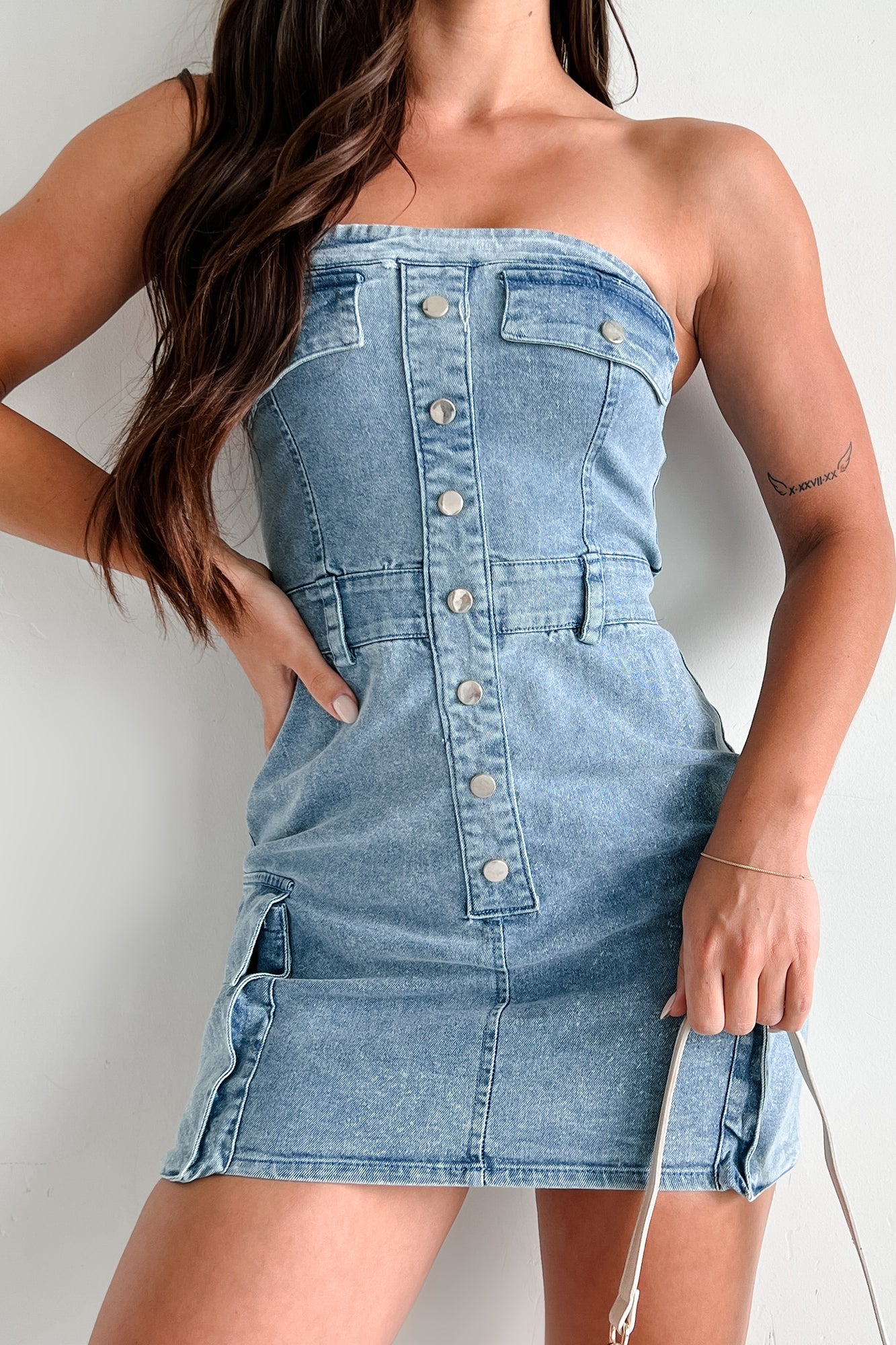 Women's Brandy Strapless Cargo Denim Mini Dress in Light Denim - Size M Women's Brandy Strapless Cargo Denim Mini Dress in Light Denim - Size M