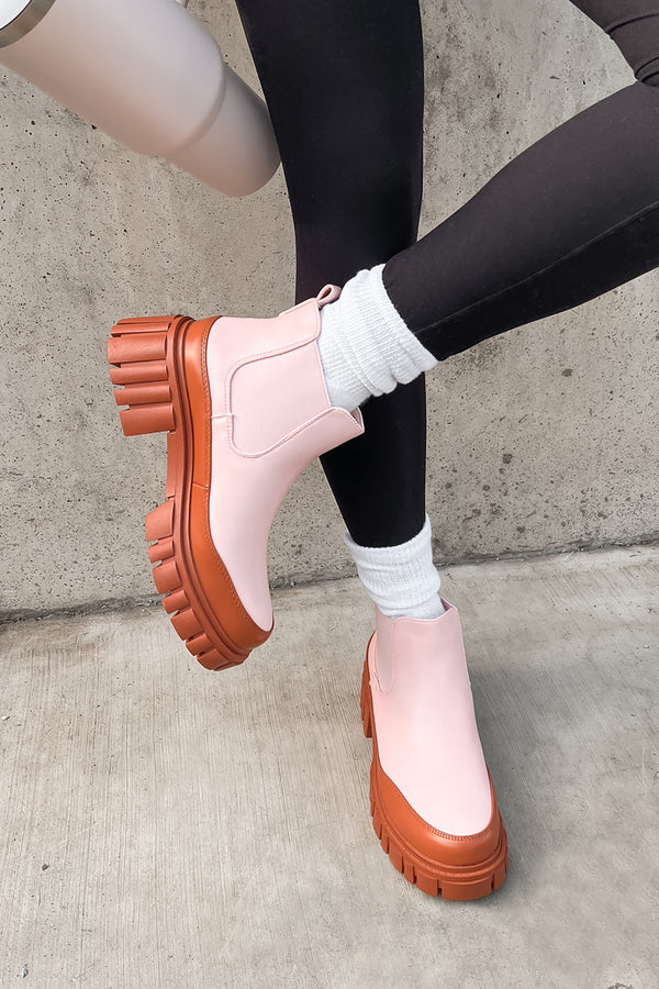 Doorbuster Going My Way Lug Sole Chelsea Ankle Booties (Pink) - NanaMacs