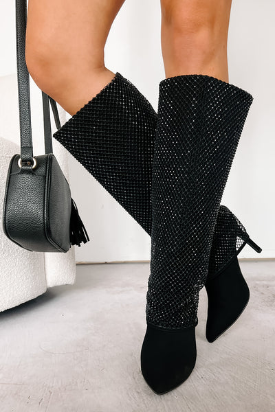 Always A Baddie Rhinestone Mesh Fold-Over Boots (Black) - NanaMacs