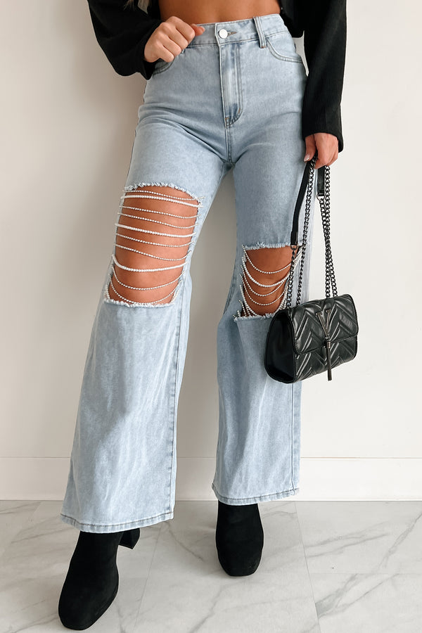 Something To Talk About Rhinestone/Pearl Chain Wide Leg Jeans (Light Wash) - NanaMacs