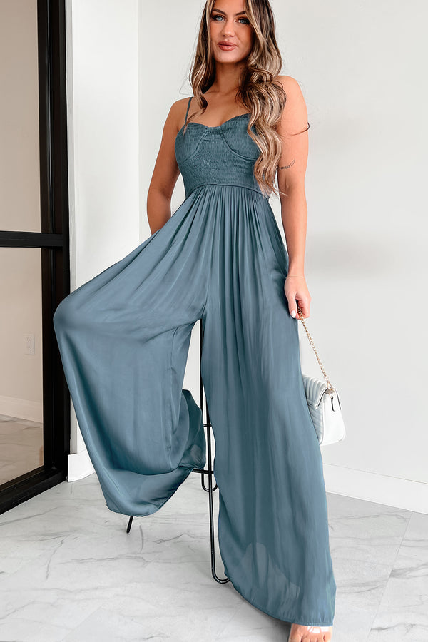 Graceful Finesse Satin Wide Leg Jumpsuit (Slate Blue) - NanaMacs