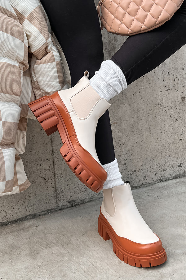 Doorbuster Going My Way Lug Sole Chelsea Ankle Booties (Nude) - NanaMacs