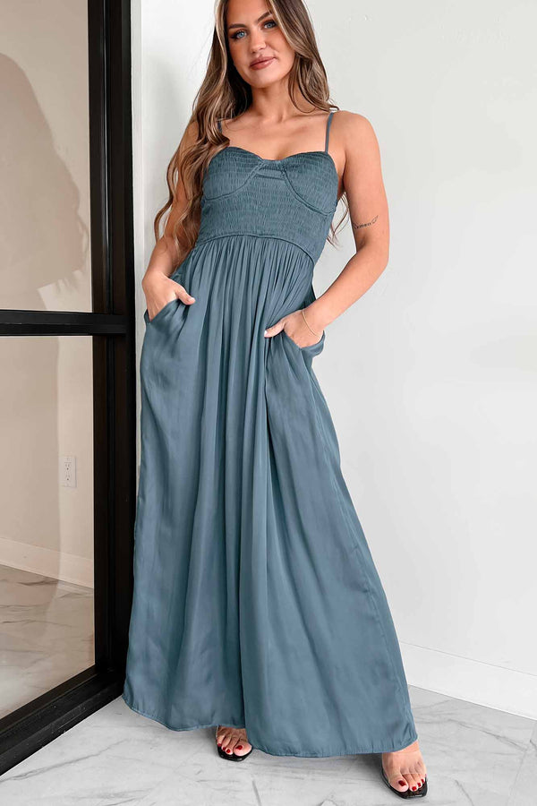 Graceful Finesse Satin Wide Leg Jumpsuit (Slate Blue) - NanaMacs