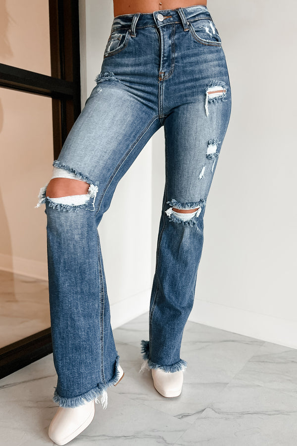 Tamren High Rise Distressed Risen Straight Leg Jeans  (Dark) - NanaMacs