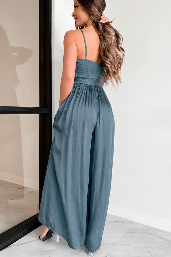 Graceful Finesse Satin Wide Leg Jumpsuit (Slate Blue) - NanaMacs