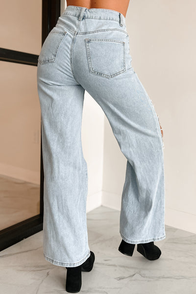 Something To Talk About Rhinestone/Pearl Chain Wide Leg Jeans (Light Wash) - NanaMacs