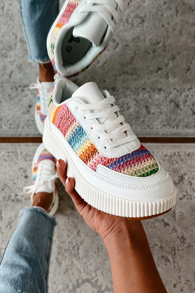 Shine Seeker Woven Platform Sneakers (White/Rainbow) - NanaMacs