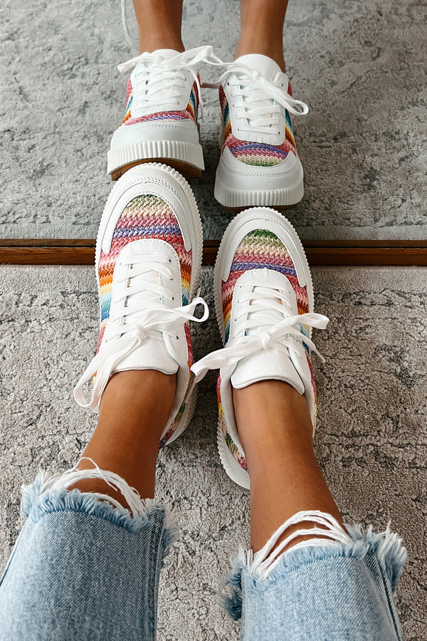 Shine Seeker Woven Platform Sneakers (White/Rainbow) - NanaMacs