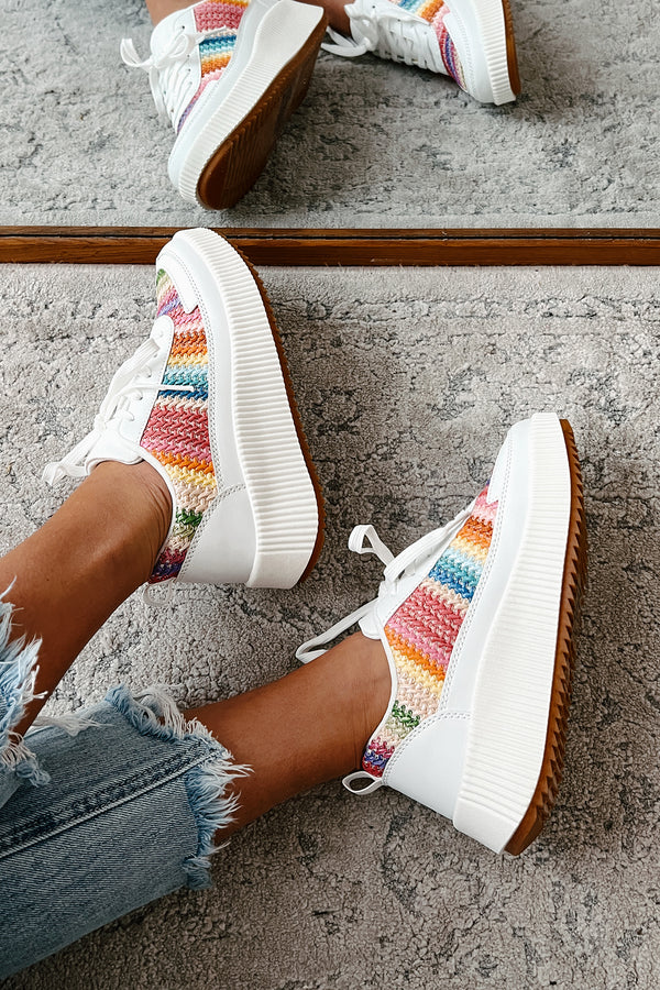 Shine Seeker Woven Platform Sneakers (White/Rainbow) - NanaMacs