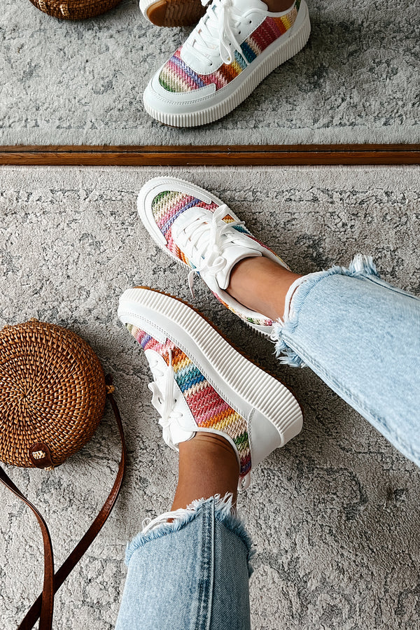 Shine Seeker Woven Platform Sneakers (White/Rainbow) - NanaMacs