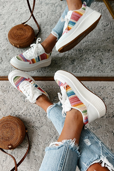 Shine Seeker Woven Platform Sneakers (White/Rainbow) - NanaMacs