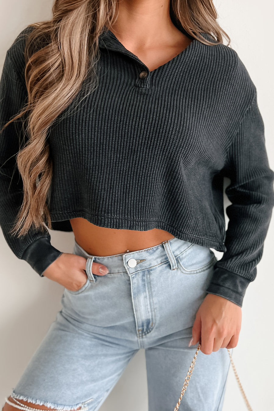 Genuine Reactions Long Sleeve Collared Waffle Top (Black)