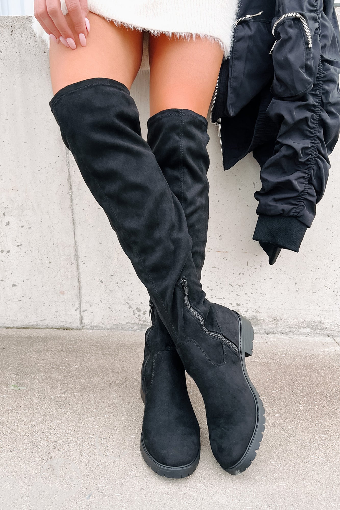 Burin Faux Suede Over The Knee Boots (Black) - NanaMacs