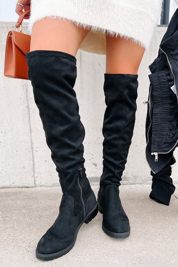 Burin Faux Suede Over The Knee Boots (Black) - NanaMacs