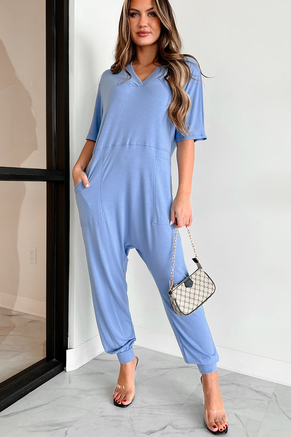 Tired Eyes Short Sleeve Slouchy Jumpsuit (Light Denim) - NanaMacs