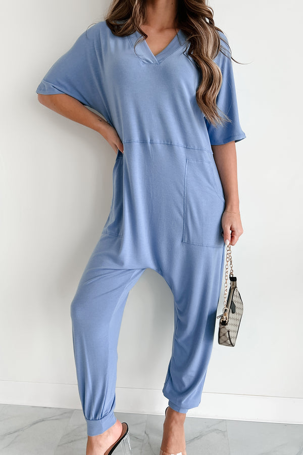 Tired Eyes Short Sleeve Slouchy Jumpsuit (Light Denim) - NanaMacs