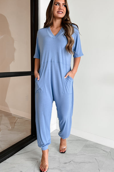 Tired Eyes Short Sleeve Slouchy Jumpsuit (Light Denim) - NanaMacs