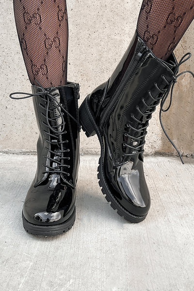 Doorbuster Harlow Patent Leather Lace-Up Boots (Black Patent) - NanaMacs