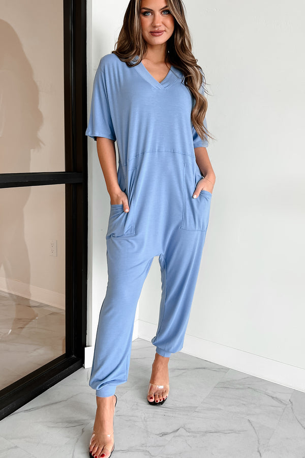 Tired Eyes Short Sleeve Slouchy Jumpsuit (Light Denim) - NanaMacs