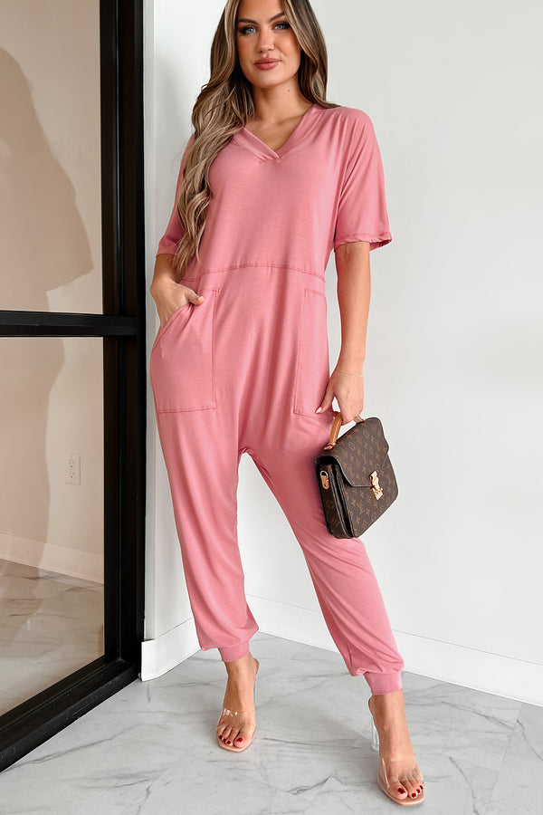 Tired Eyes Short Sleeve Slouchy Jumpsuit (Rose) - NanaMacs