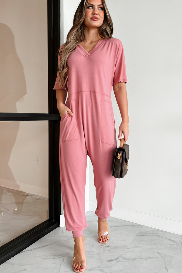 Tired Eyes Short Sleeve Slouchy Jumpsuit (Rose) - NanaMacs