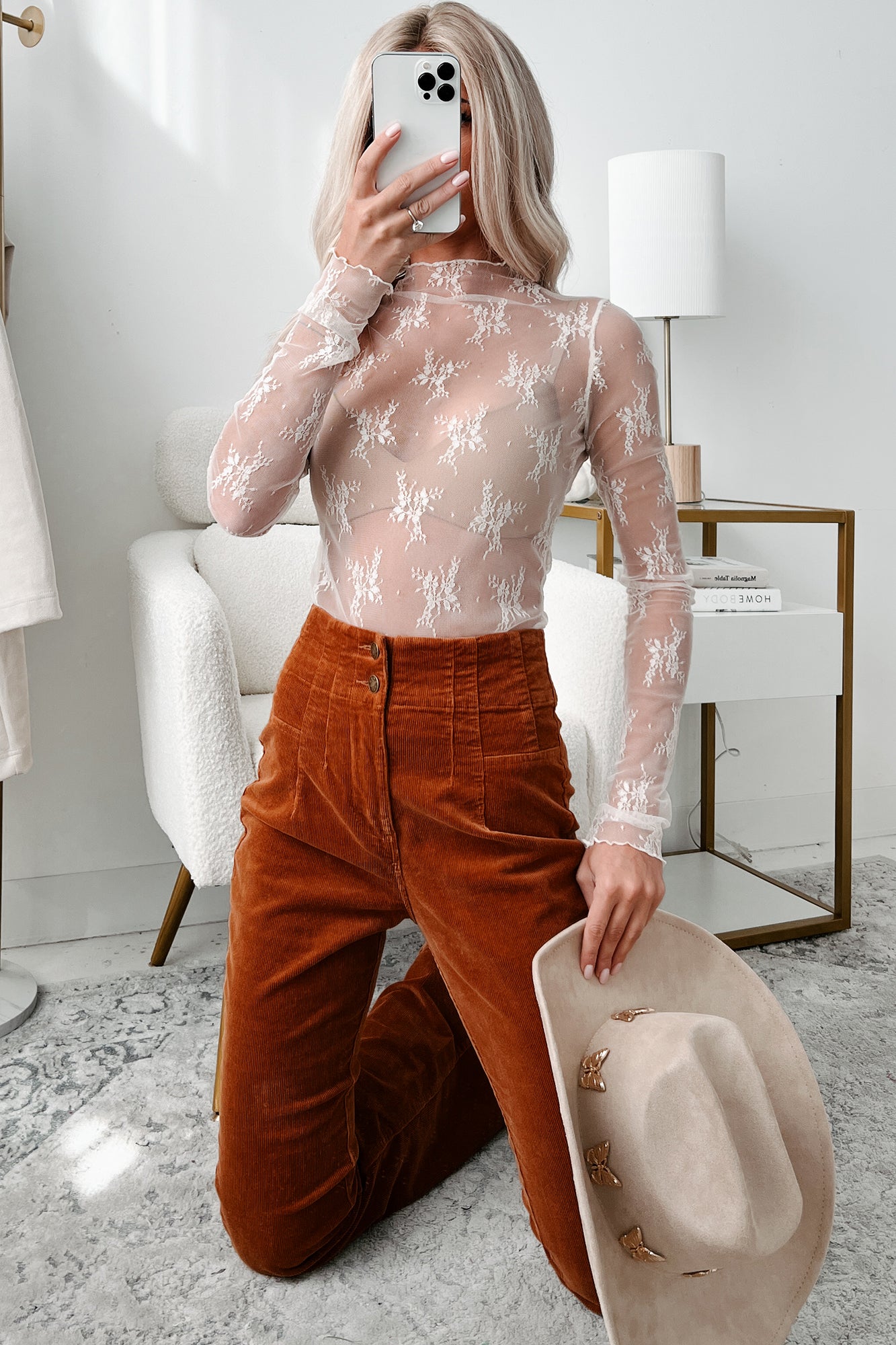 Living For The Likes Lace Long Sleeve Top (Ecru)