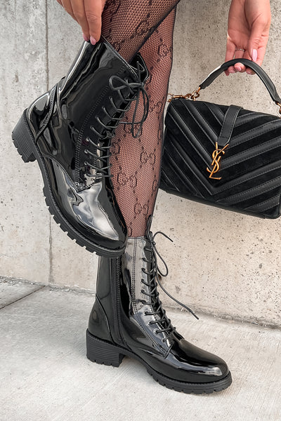 Doorbuster Harlow Patent Leather Lace-Up Boots (Black Patent) - NanaMacs