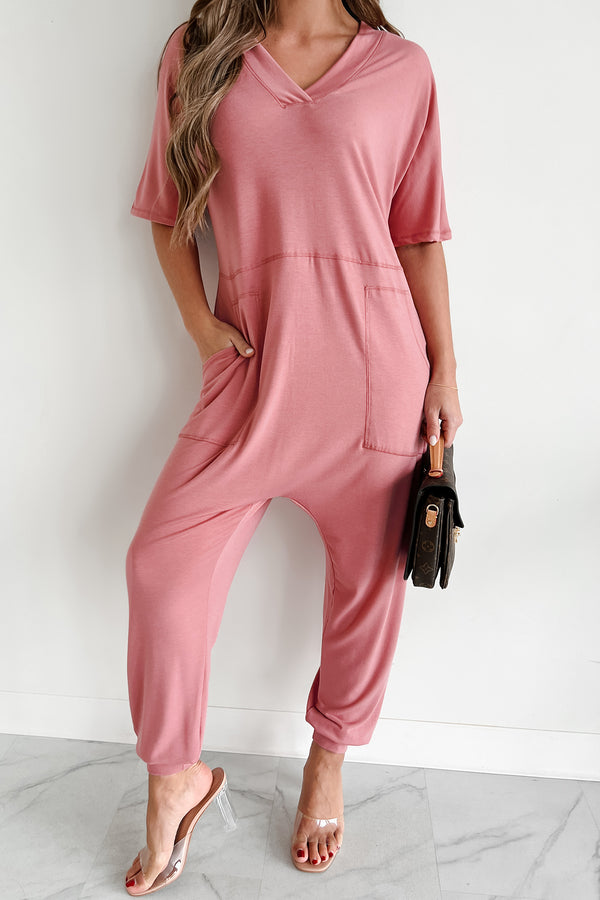 Tired Eyes Short Sleeve Slouchy Jumpsuit (Rose) - NanaMacs