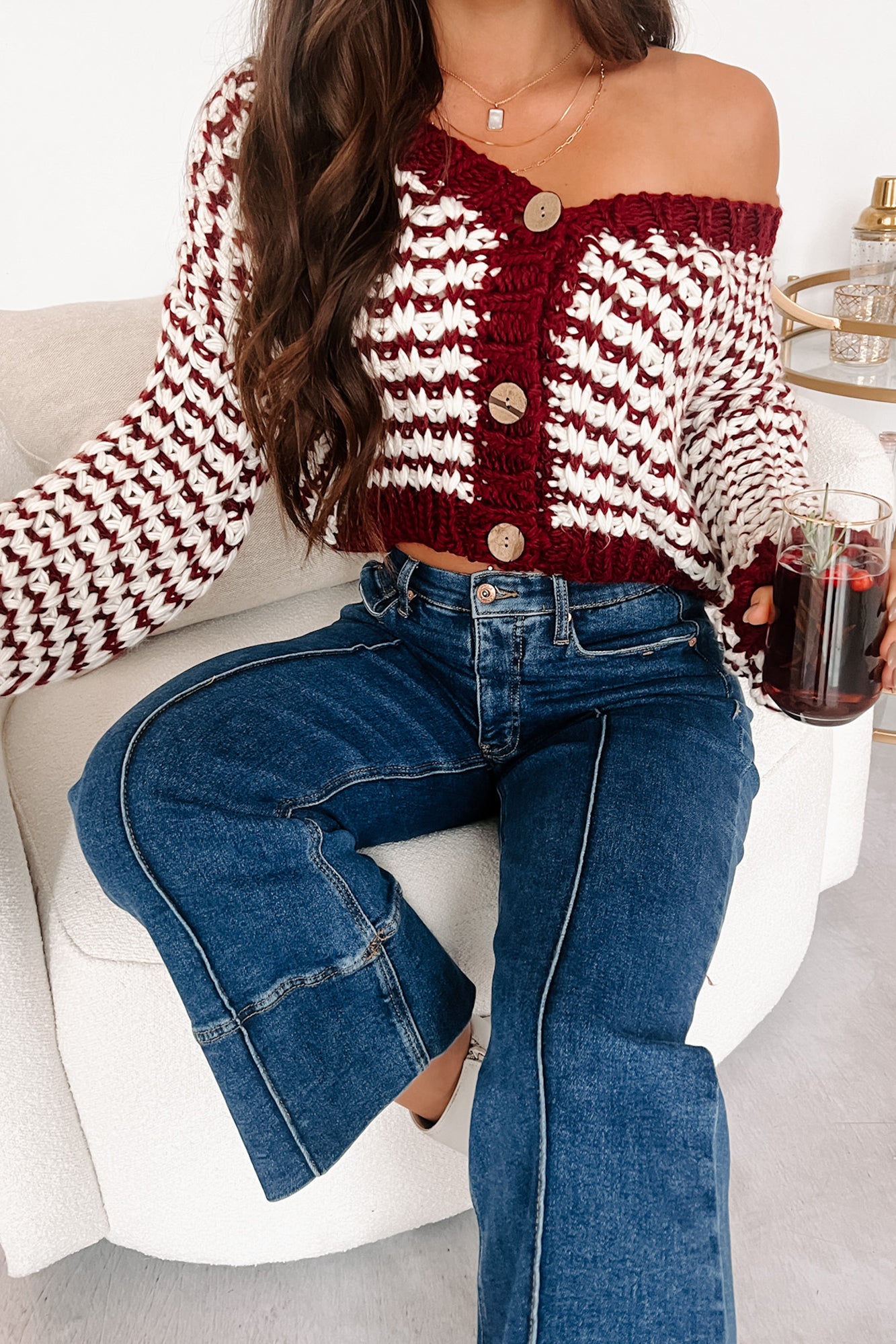 Easy Aspirations Chunky Striped Cardigan (Burgundy/White)