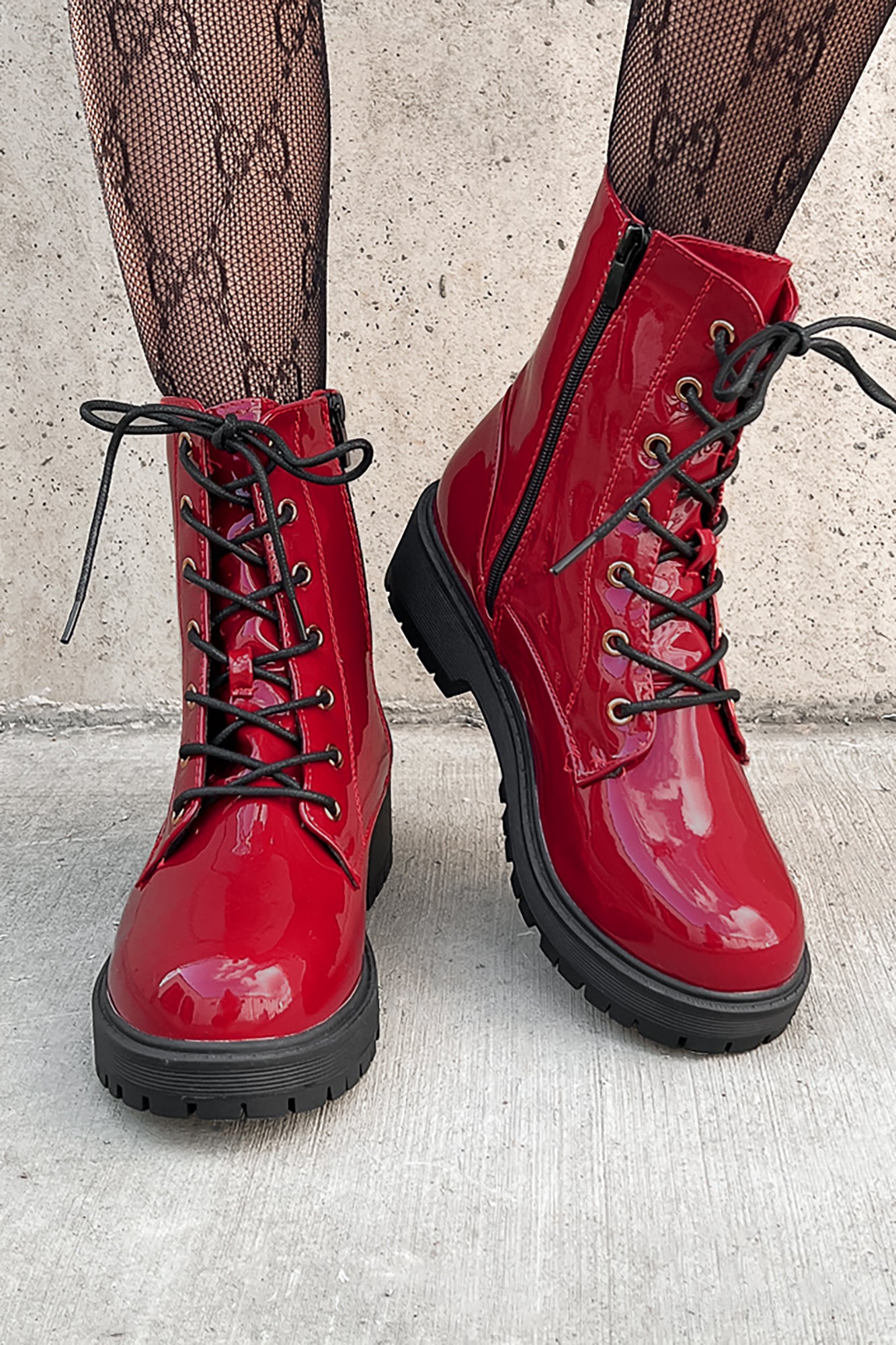 Red patent lace store up boots