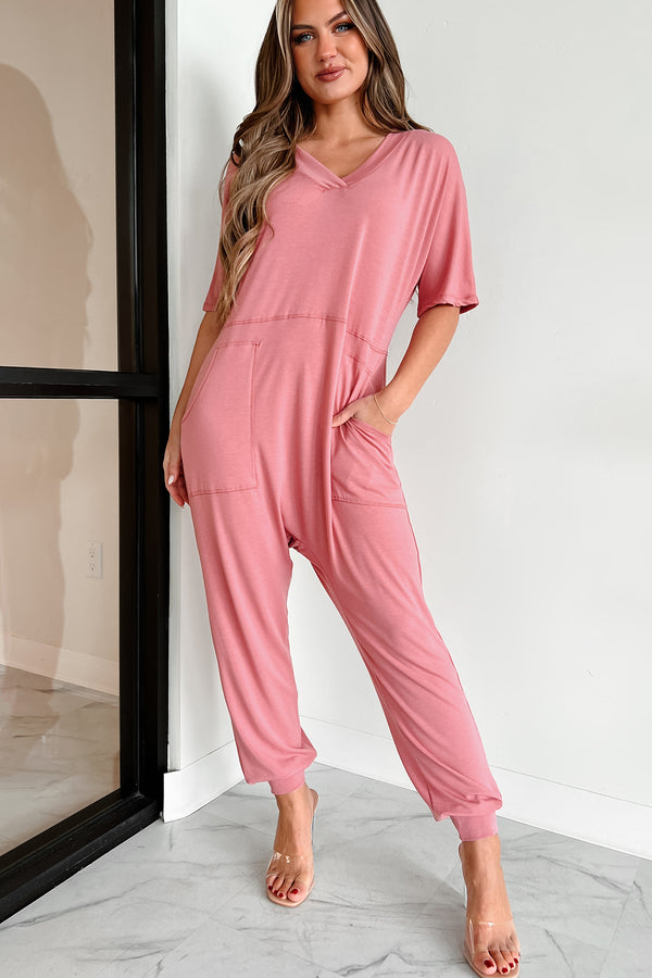 Tired Eyes Short Sleeve Slouchy Jumpsuit (Rose) - NanaMacs