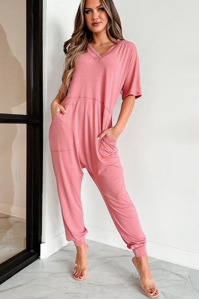 Tired Eyes Short Sleeve Slouchy Jumpsuit (Rose) - NanaMacs