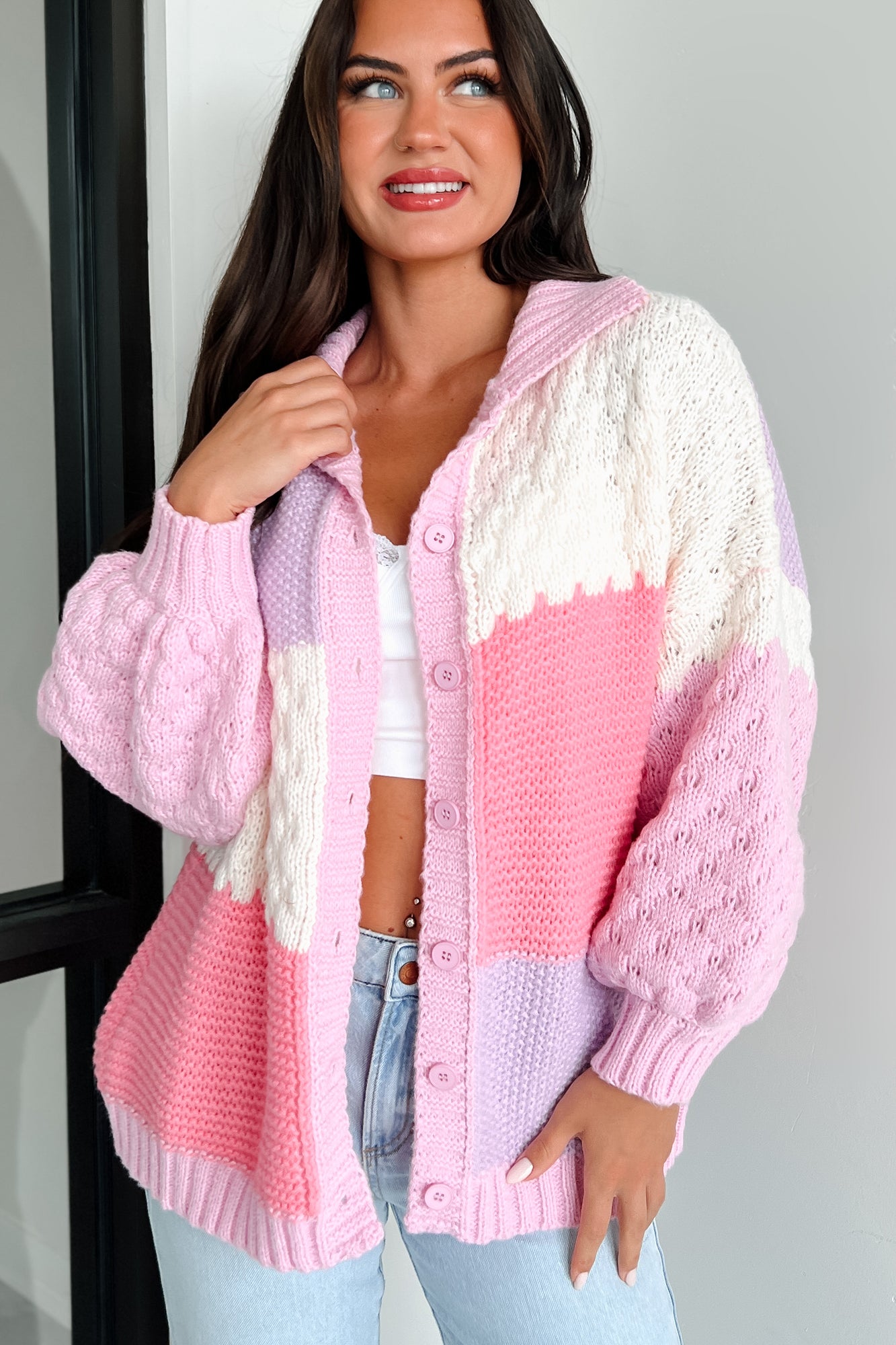 Pretty Ideal Colorblock Sweater Cardigan (Pink/Multi) - NanaMacs