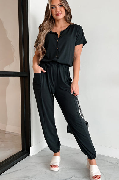 Taking The Easy Route Short Sleeve Button Detail Jumpsuit (Black) - NanaMacs