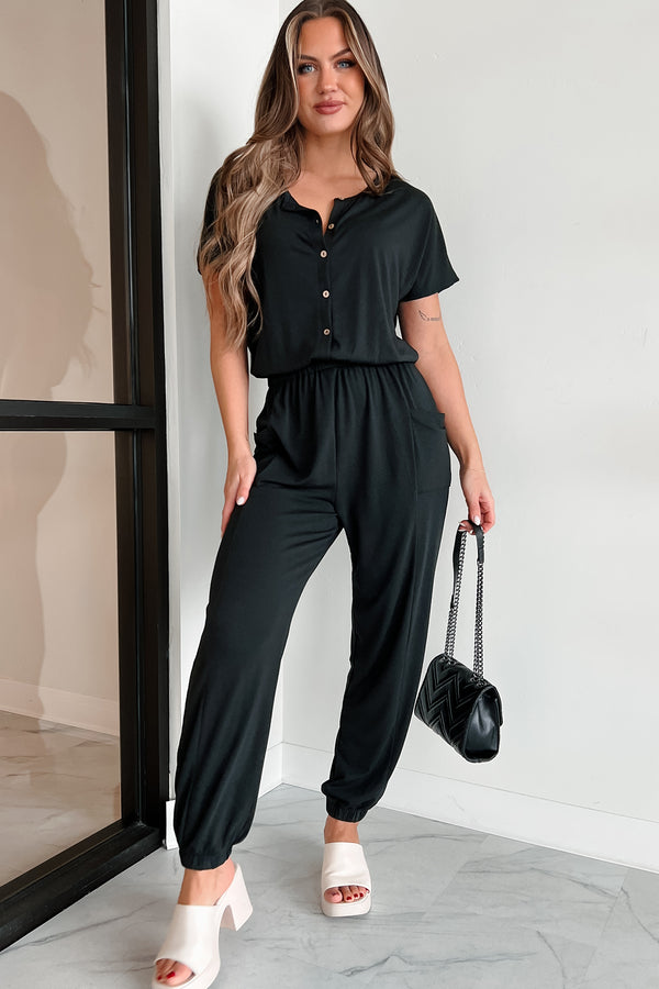 Taking The Easy Route Short Sleeve Button Detail Jumpsuit (Black) - NanaMacs