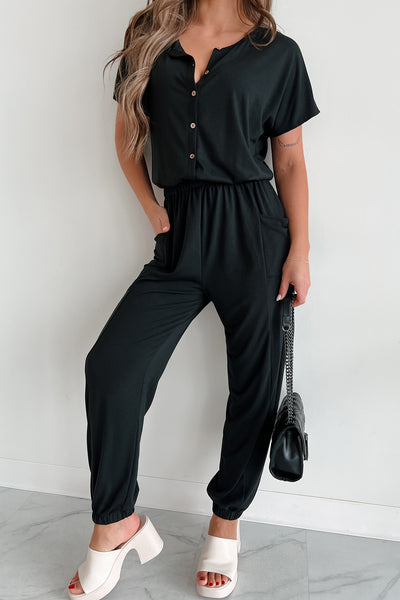 Taking The Easy Route Short Sleeve Button Detail Jumpsuit (Black) - NanaMacs