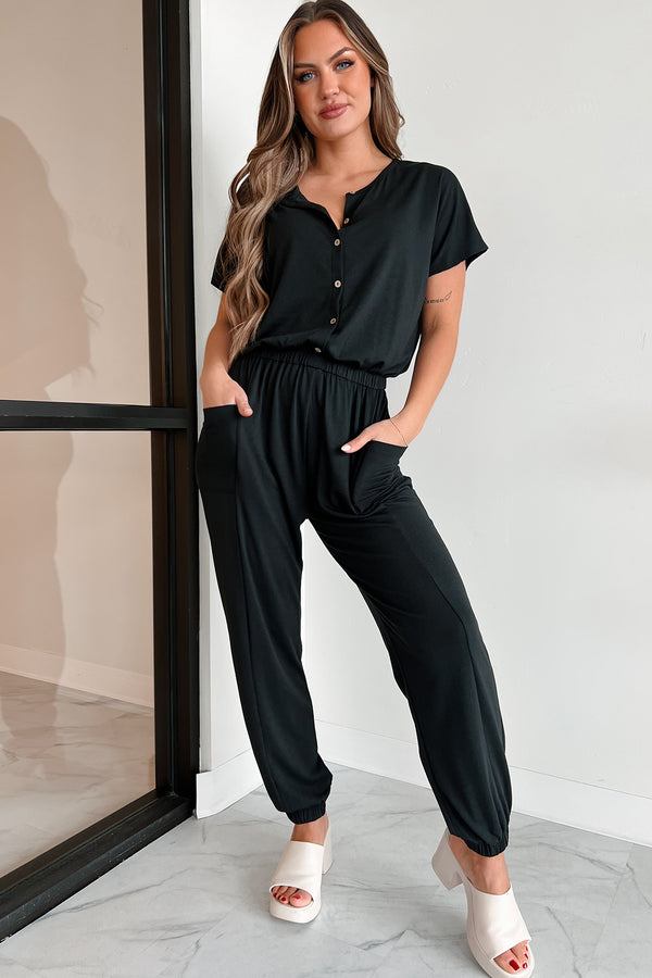 Taking The Easy Route Short Sleeve Button Detail Jumpsuit (Black) - NanaMacs