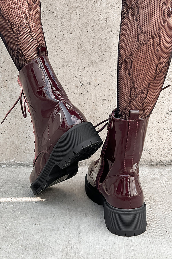 Doorbuster Lennox Patent Leather Combat Boots (Wine Patent) - NanaMacs