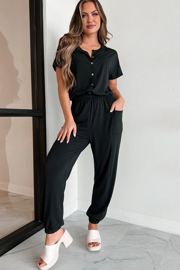 Taking The Easy Route Short Sleeve Button Detail Jumpsuit (Black) - NanaMacs