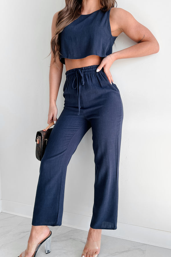 Finding Paradise Linen Crop Top & Pants Set (Dark Navy) - NanaMacs