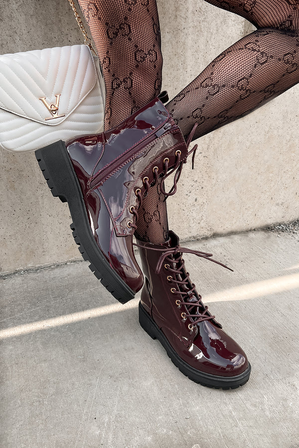 Doorbuster Lennox Patent Leather Combat Boots (Wine Patent) - NanaMacs