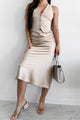 Posh Direction Satin Midi Skirt (Taupe) - NanaMacs