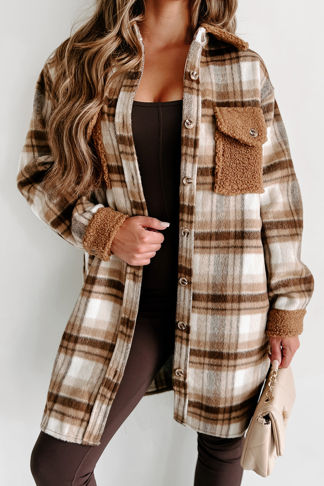 Rocky Mountain Views Plaid Shacket With Sherpa Contrast (Brown Cream) - NanaMacs