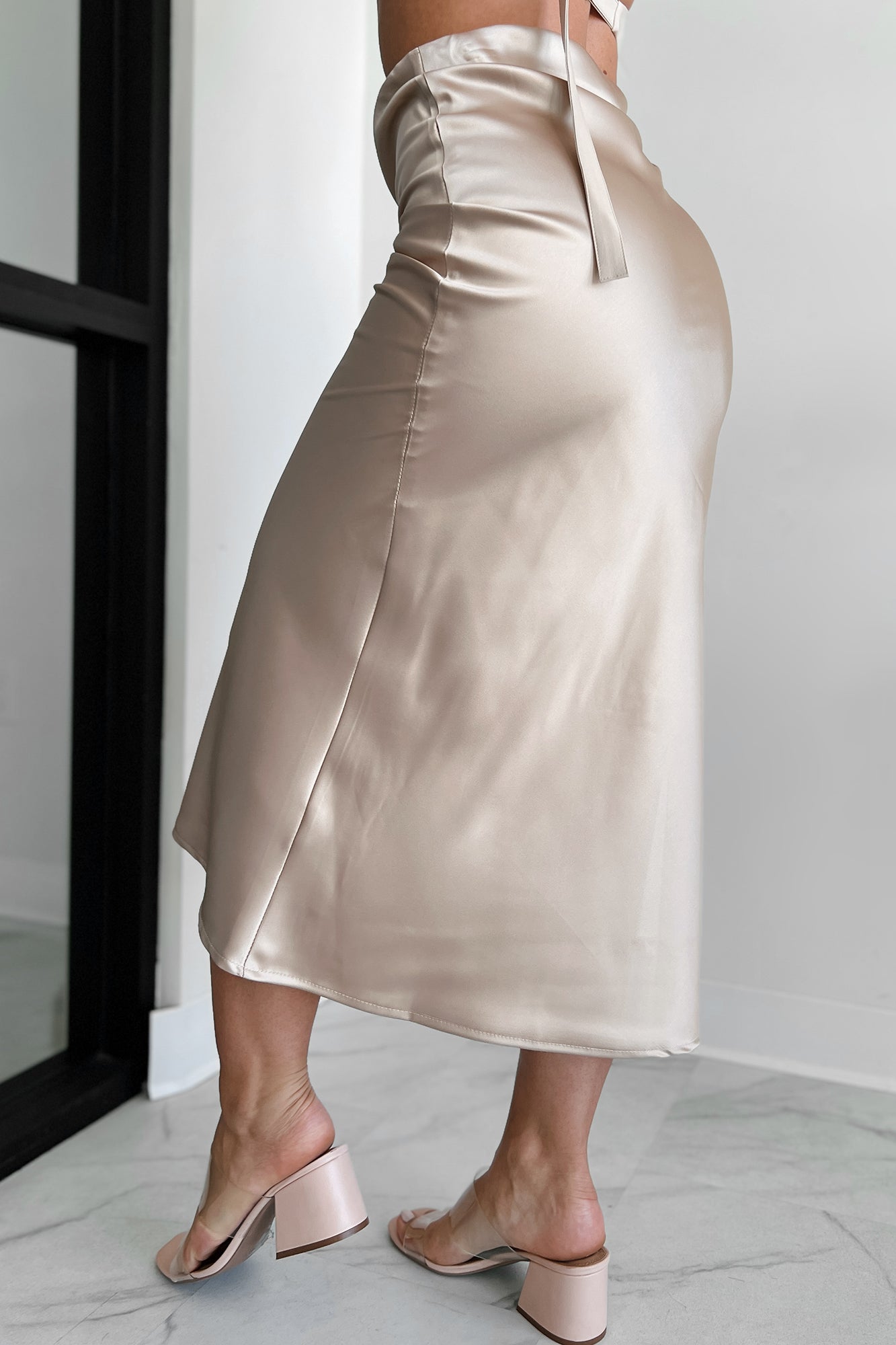 Posh Direction Satin Midi Skirt (Taupe) - NanaMacs