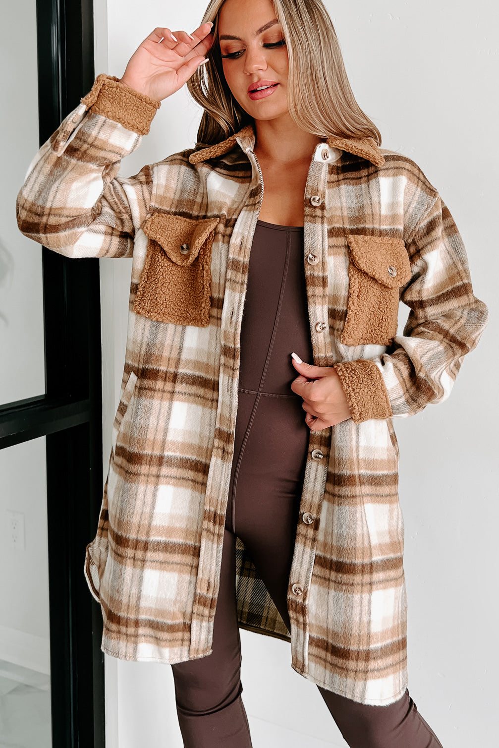 Rocky Mountain Views Plaid Shacket With Sherpa Contrast (Brown Cream) - NanaMacs