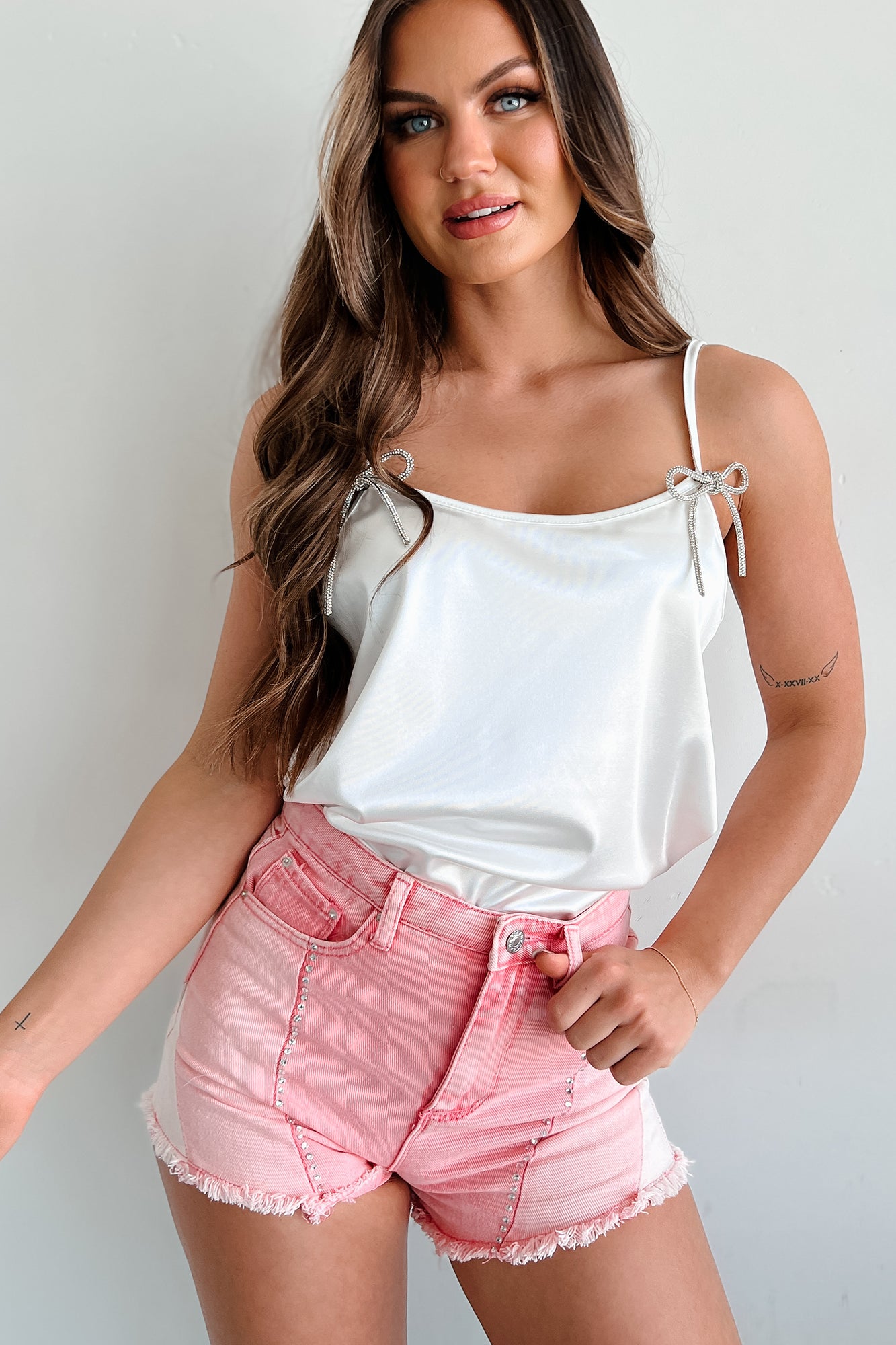 Add A Little Bling Satin Rhinestone Bow Tank Top (Ivory) · NanaMacs