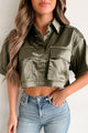 Mind Your Own Business Satin Crop Button-Down Top (Olive) - NanaMacs