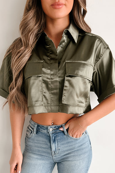 Mind Your Own Business Satin Crop Button-Down Top (Olive) - NanaMacs